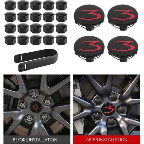 Enjoliveurs centraux de roue noirs en ABS (4 pièces) + 20 cache-écrous pour Tesla Model 3/S/Y/X (1/5)