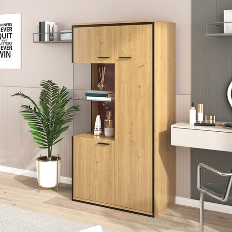 Vitrina 77.5x40x150 cm natural en MDF con puerta de cristal, estantes ajustables e iluminación LED (1/5)