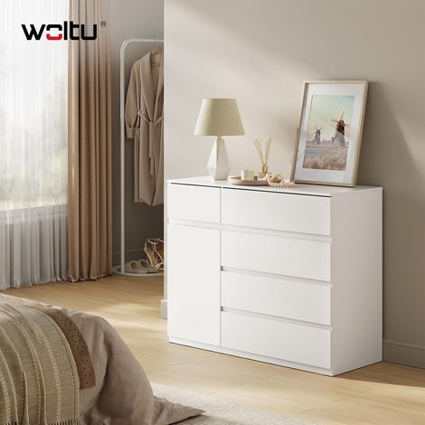 WOLTU - Cómoda para Dormitorio de 5 Cajones y 1 Puerta con Estante Ajustable - Estilo Escandinavo - Almacenamiento, Blanco