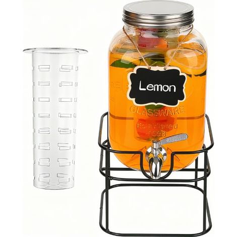 Distributeur de boisson de 4 l avec support, distributeur de boissons, en verre avec robinet en acier inoxydable, distributeur de limonade, distributeur de boissons en verre pour fêtes (1/5)