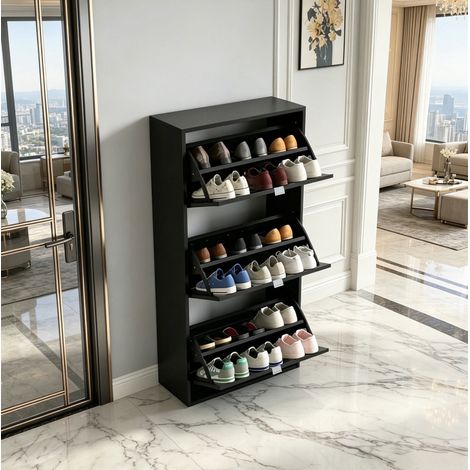 Zapatero con 3 Puertas Abatibles y Estante Superior, 60 × 26 × 124 cm, para Entrada, MDF, Negro (1/4)