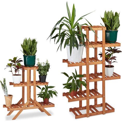 Relaxdays Juego 2 Soportes Plantas Estanterías para Interior, Madera, Marrón Claro, 125 x 81 x 25 cm (1/5)