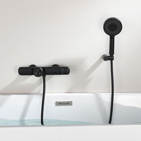 Schwarz Thermostat-Badewannenarmatur, Wasserfall Mischbatterie Badewanne mit Handbrause mit 3 Modi und Schwenkauslauf, Wandmontage Wannenarmatur mit Schlauch, Wasserhahn Badewanne mit aus Messing (1/5)