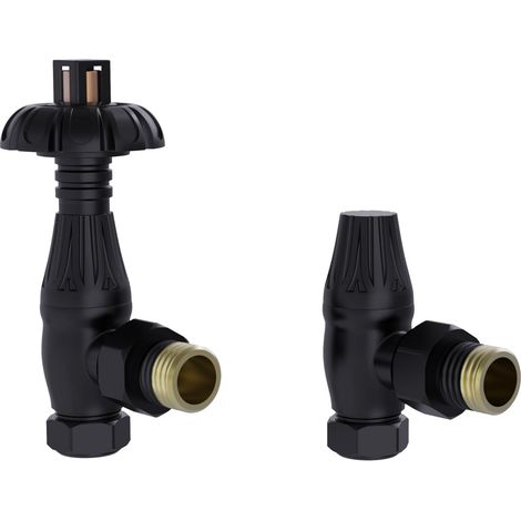 Warmehaus Traditional Antique Style Brass Thermostatic Radiator Valve Lockshield Heated Towel Rail Angled TRV Black (1/5)