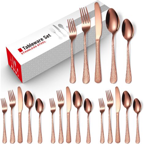 LOLLANDA Ensemble de couverts 20 pièces à manche martelé, en acier inoxydable, comprenant couverts et cuillères, pour 4 personnes, couleur or rose. (1/5)