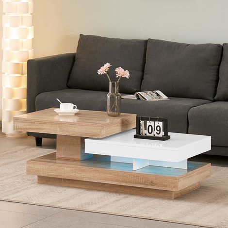 AINPECCA Coffee Table w/LED Lights Rotating Modern High Gloss Rectangle Table White Oak (1/5)