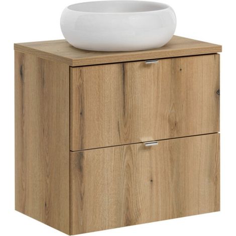 Set da bagno VANO in rovere 60cm: mobile sottolavabo con cassetti + piano per lavabo + lavabo da appoggio rotondo