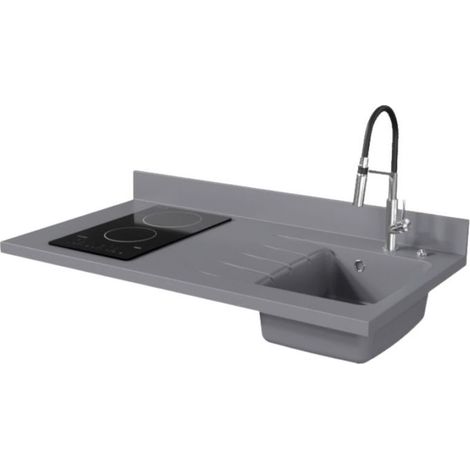 Plan de travail monobloc PlaniQuartz avec évier - 120 cm - Cromo - évier à droite - Plaque de cuisson Vitrocéramique