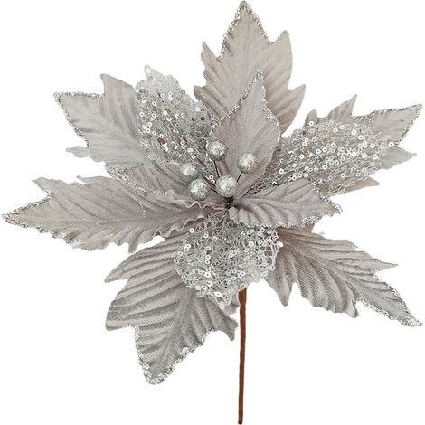 Poinsettia Artificielle - Décoration De Noël Avec Paillettes Et Tige - Pour Arbre De Noël, Mariage Ou Fête - 28 Cm X 33 Cm - Argent (1/5)