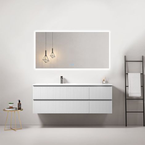 Mobile bagno sospeso cannettato 140 cm Bianco Lavabo a Sinistra in Resina Specchio Quadro Retroilluminato - Fiji Paint (1/4)