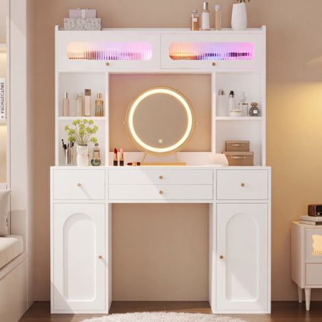 Toeletta a LED con specchio e illuminazione, toeletta con 4 cassetti, 4 ripiani a giorno, 2 vani portaoggetti integrati e 2 ante in vetro con spazio contenitivo, toeletta per camera da letto, bianca,  (1/5)