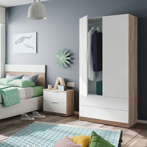 Pack de Muebles de Dormitorio Juvenil Luca en Color Blanco y Roble Canadian formado por Armario, Cabecero y Mesita
