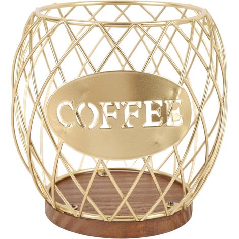 Porte-capsules de café en fer, grande capacité, design élégant, accès facile, base en bois, organisateur de rangement pour capsules de café pour la maison ou le café, couleur or. (1/5)
