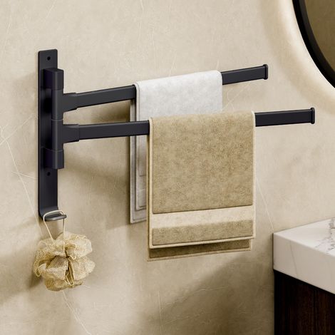 Porte-Serviettes Pivotant Cuisine et Salle de Bain - Support Murale Rotatif 2 Bras - Montage sans Perçage ou Fixation Murale - Barre d'Essuyage Pliable (1/5)