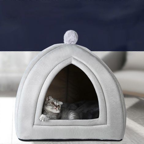 Lit-niche pour chat, tente pour animaux de compagnie, coussin doux amovible avec fond antidérapant - Taille S - Gris clair (1/4)