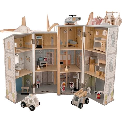 Casa de muñecas, estación de bomberos y comisaría de policía de madera, juego creativo, multicolor (1/5)