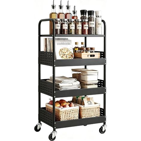 Chariot à 4 Niveaux, Chariot de Stockage en métal sur Roues,Noir Chariot de rangement lourd à roues verrouillables. Pour cuisine, chambre, buanderie. Idéal livres, légumes, collations. (1/5)