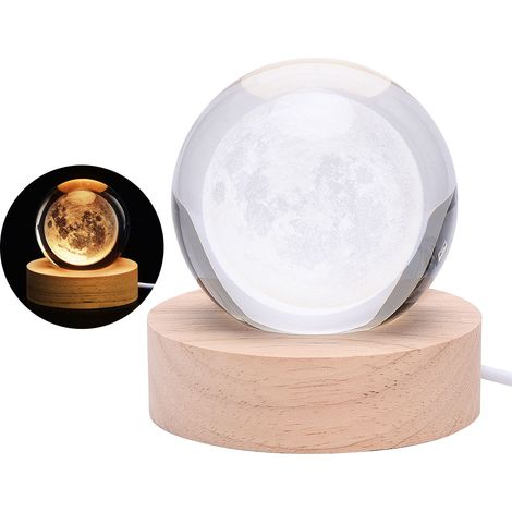 Lampe globe en cristal gravée en 3D, veilleuse boule de cristal lumineuse, lampe d'ambiance romantique avec socle en bois (1/5)