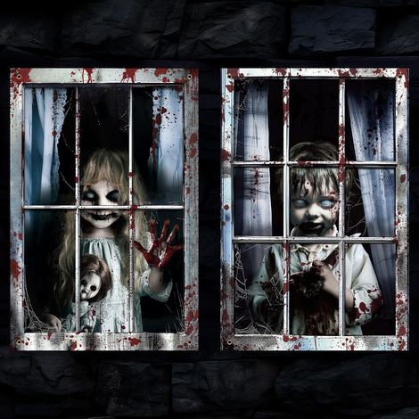 Décorations d'Halloween pour fenêtres : rideaux, guirlandes, ensemble deux pièces, fanions pour une fête d'Halloween sur le thème d'une maison hantée en extérieur - 80 x 120 cm (deux pièces) - NG-9