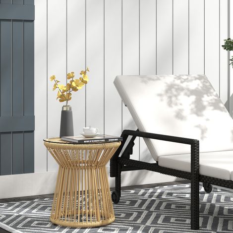 Table de jardin ronde bistrot, résine tressée imitation rotin métal, plateau verre trempé, Ø40x42cm, beige