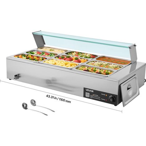 Chauffe-Plat Électrique à Vapeur 1500 W, Buffet Chauffant en Inox, Bain-marie avec 9 Bacs de 1/3, Couvercle en Verre et Louches à Soupe et Perforées, pour Servir Buffet en Libre-Service (1/5)