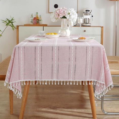 Nappe bohème avec pompons, 140x140cm, aspect lin, Rose