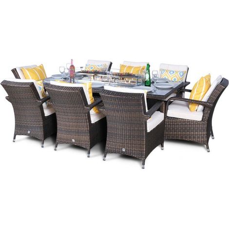 Arizona Fire Pit 8 Seater Rectangle Rattan Dining Set - Brown (1/5)