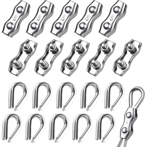 10 x Steel Cable Ties 5 mm + 10 x Cable Lugs, Stainless Steel Cable Clamps, Duplex Cable Clamps, 304 Stainless Steel Wire Cable Clips for 3-4 mm Steel Cable, Clothes Line (1/5)