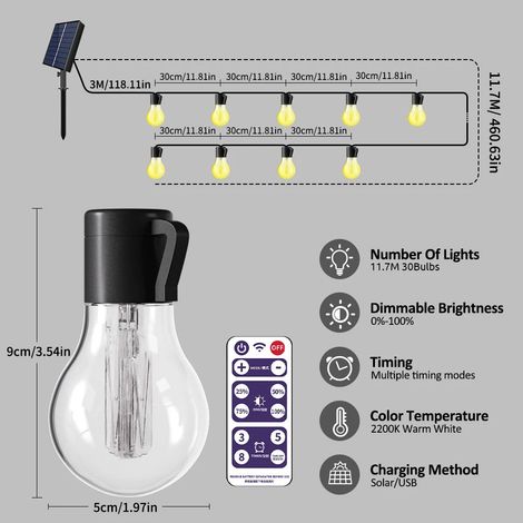 (11,7 m, 30 ampoules) Guirlande lumineuse solaire d'extérieur, étanche, avec ampoules Edison, guirlande lumineuse de jardin. (1/5)