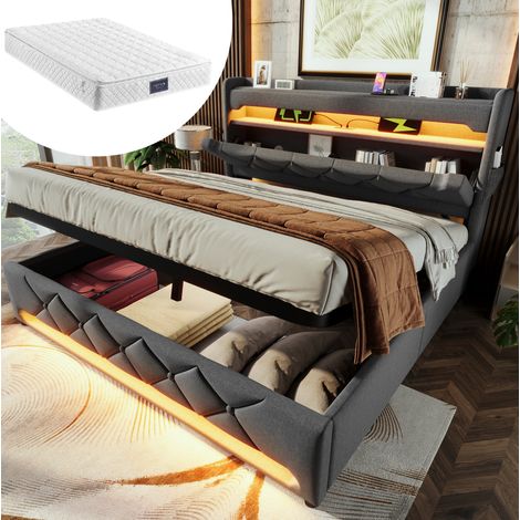 Lit coffre 160x200 LED USB lin gris avec matelas HAVRYA (1/5)