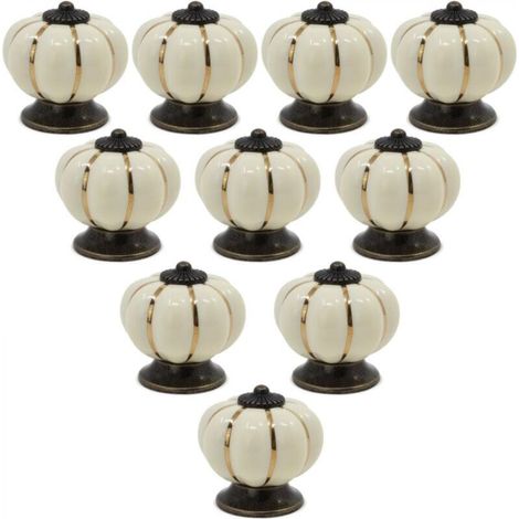 Lot de 10 boutons de placard en céramique style vintage européen en forme de citrouille pour commode, armoires et tiroirs, beige (1/5)
