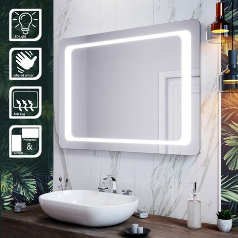 SIRHONA Specchio da Bagno LED, Specchio Bagno Illuminato 100 x 70 cm, con Interruttore a Infrarossi e Anti Appannamento, Specchio da Parete Rettangolo Impermeabile IP44 (1/5)
