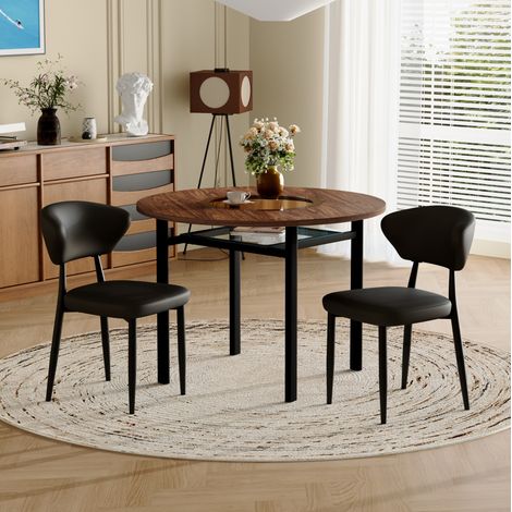 Esszimmer-Tisch- und Stuhl-Set aus MDF, Glas, Metall und PU-Leder, Braun/Schwarz, Rundtisch Ø100 cm mit 2 Stühlen (1/5)
