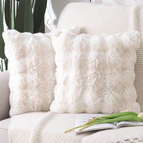 Lot de 2 Doux Peluche Laine Courte Toison Décoratif Housses de Coussin Luxe Style pour canapé Chambre Blanc crème 45 x 45 cm (1/5)