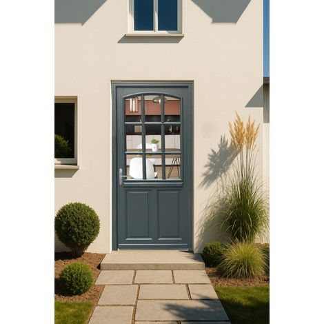 Porte D'entrée Bois Vitrée Alexa Gris Anthr., H215 X L80 Cm Côte Tableau P.droit (poignée, Barillet Ref N158rpl -in158rci) Gd Menuiseries