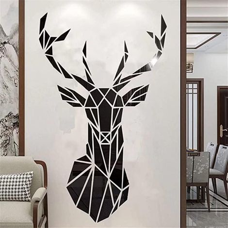 3D Art du Cerf Muraux Sticker Mural Murale Wall Stickers Autocollants Autocollant DIY Arts Decor Décoration Murale Mural Muraux Wall tête de Cerf Animaux Foret Acrylique Sticker GROOFOO(Noir,95 × 57 C