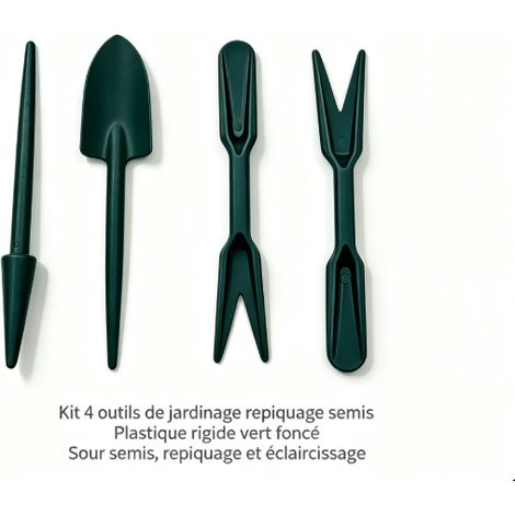 Kit 4 outils de jardinage en plastique rigide vert foncé, pour semis, repiquage et éclaircissage des plants (1/5)