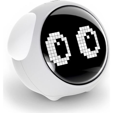 Réveil pour enfants, double alarme, veilleuse à luminosité réglable, design avec émoticônes blanches. (1/5)