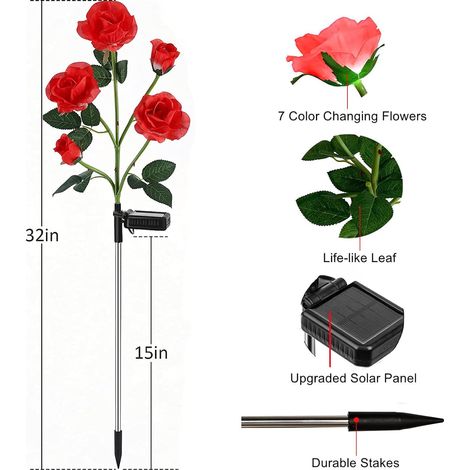 Lampes LED solaires roses bleues, éclairage extérieur décoratif, piquets de jardin, vase pour tombe, décoration florale (1/5)