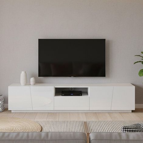 Meuble TV Paul, Buffet bas de salon, Base pour meuble TV, 220x43h46 cm, Blanc brillant (1/5)