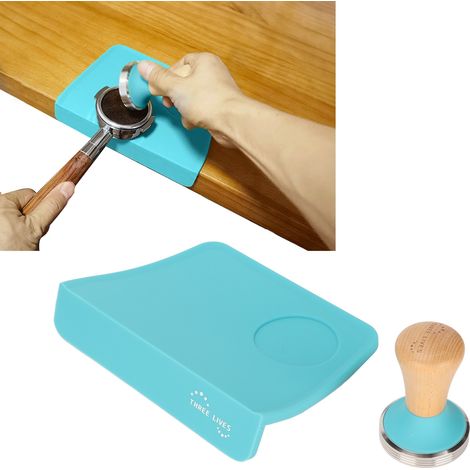 Ensemble presse-café avec manche en bois, base plate et marteau. Tapis de tasseur antidérapant en silicone avec fente, bleu, diamètre du marteau : 51 mm. (1/5)