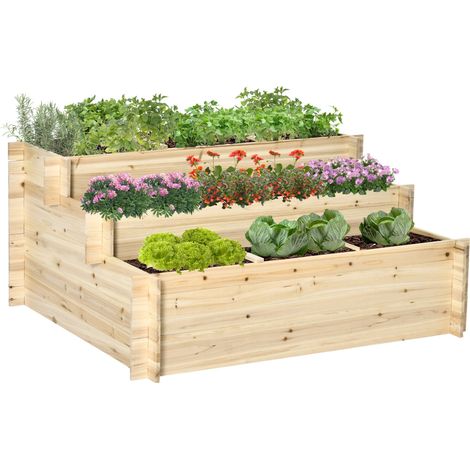 Jardinière à 3 niveaux en bois de sapin, marron, 117 x 100 x 54 cm, 9 compartiments, pour jardin extérieur (1/5)