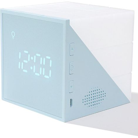 Lampe de réveil avec lampe de chevet colorée, simulateur de lever de soleil, fonction température/date/compte à rebours, fonction de chargement USB (BLEU)