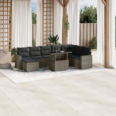 Salon de jardin 9 pièces gris résine tressée avec coussins et table à hauteur réglable, meuble d'extérieur modulaire confortable (1/5)