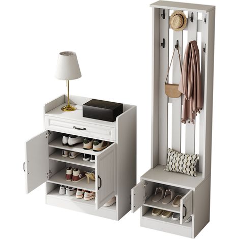 ELVMI Mobile da ingresso con 4 Ante, 1 Cassetto, 8 Ganci e Panca portascarpe per Ingresso in Pannello di particelle 125 × 36 × 190 cm Bianco (1/5)