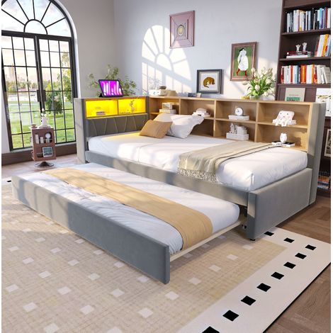 Letto sofa 90x200 cm con letto estraibile 90x190 cm, flanella, grigio scuro, LED e prese di ricarica (1/5)