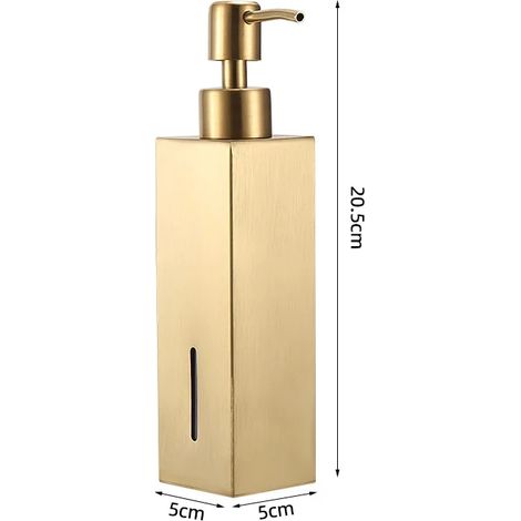 Distributeur de savon (carré doré) avec pompe en acier inoxydable antirouille, rechargeable, pour salle de bain et cuisine, compatible avec les huiles essentielles et les liquides. (1/5)