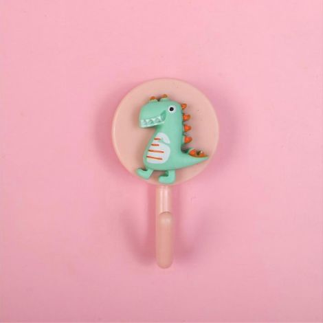 Crochets adhésifs décoratifs, motif dinosaure rose, style dessin animé mignon. Plastique de qualité supérieure, écologique et durable. (1/5)