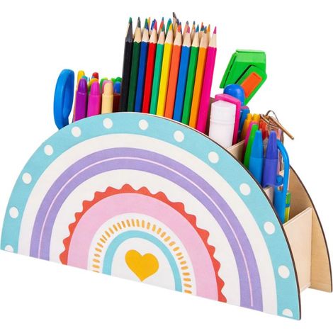 Multifunktionaler Regenbogen-Stiftehalter aus Holz mit fünf Fächern zur Aufbewahrung von Kosmetikartikeln und Schreibwaren, geeignet für Kinderzimmer und Schulen (1/5)