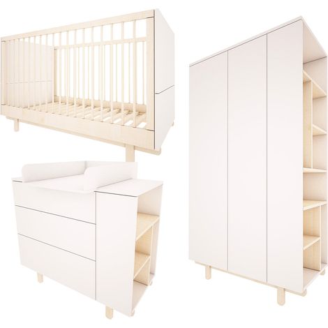 Chambre complète lit évolutif 70x140 commode à langer et armoire 2 portes Wood Luck Romy - Blanc